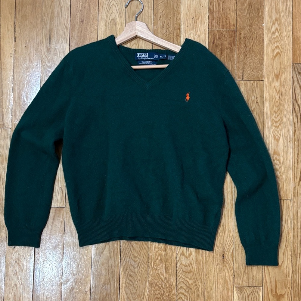 Polo by Ralph Lauren Dark Green V-Neck Sweater with Orange Pony